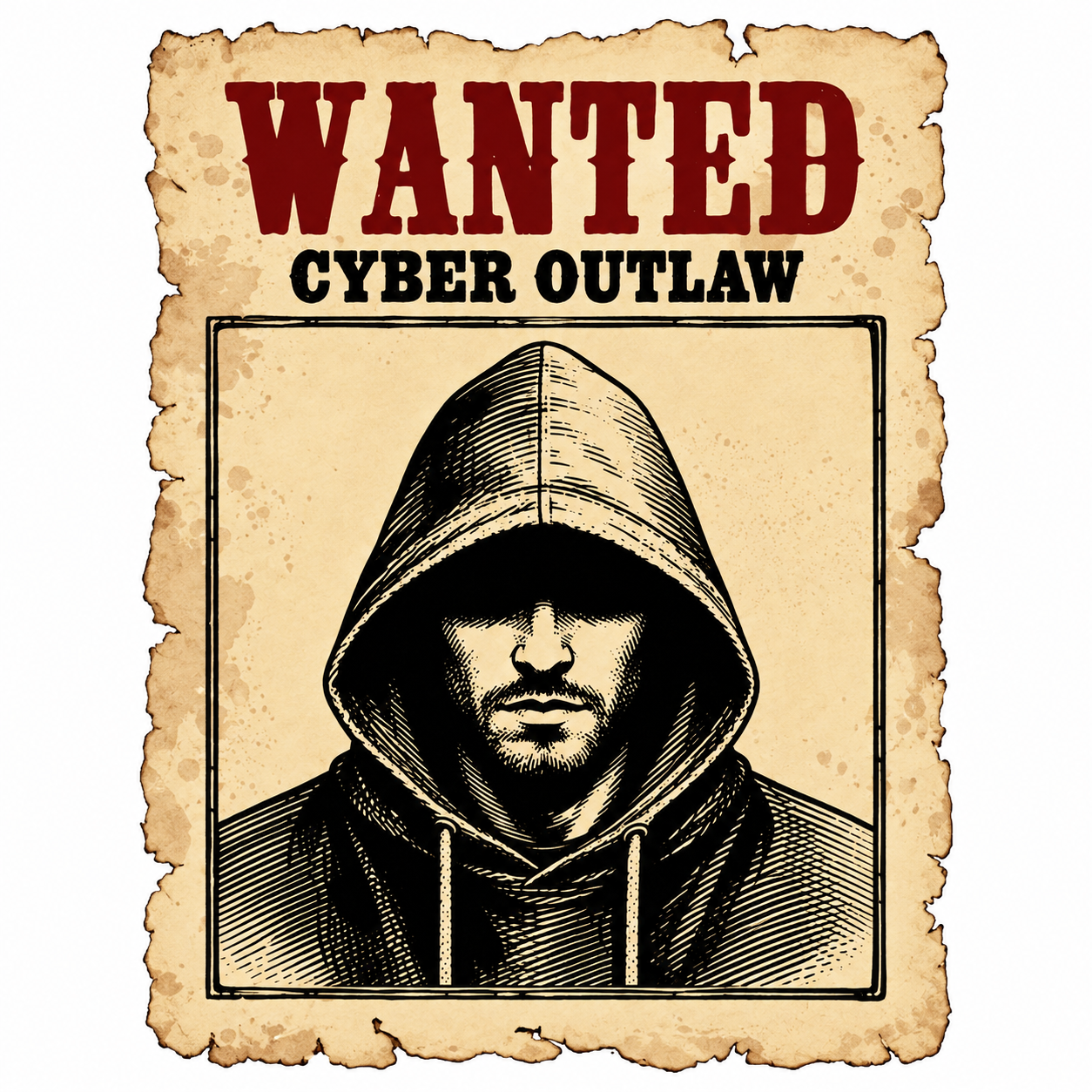 Wanted: Cyber Outlaw: a Western-style poster of a hooded figure